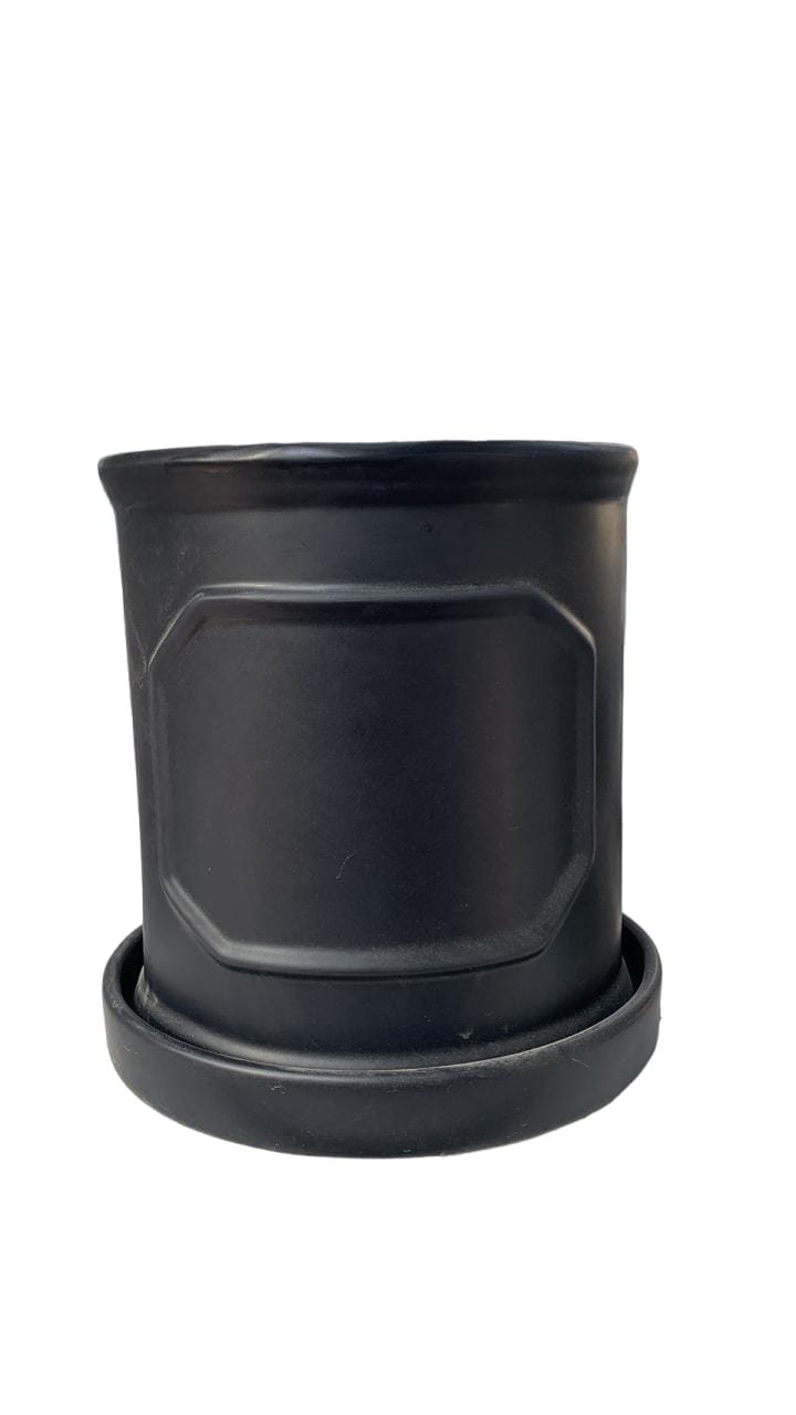 Black plastic plant pot with matching saucer, ideal for indoor gardening