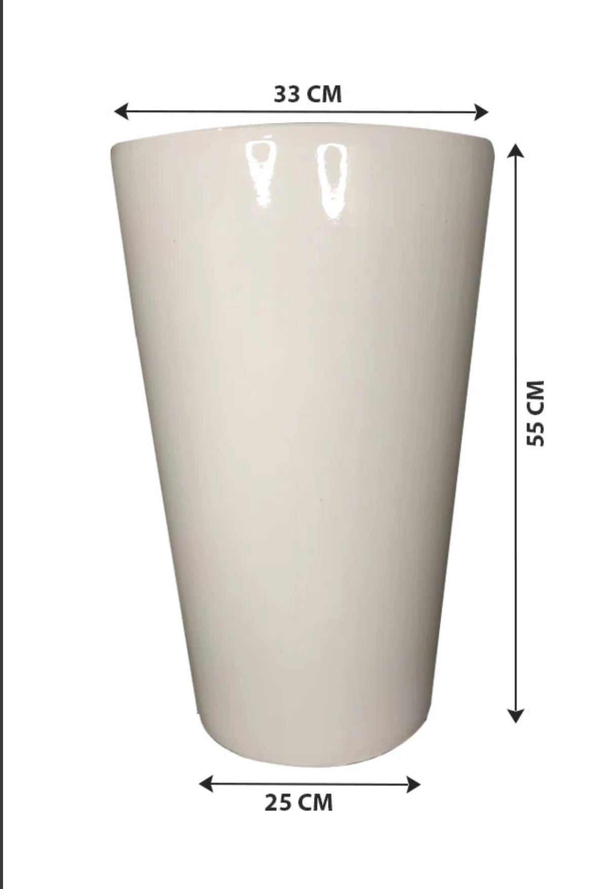 Tall white plant pot, 55cm height, 33cm top diameter, 25cm base diameter, isolated background