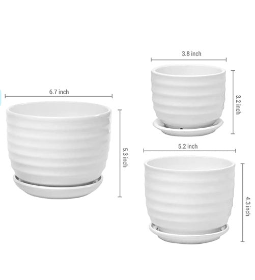 Set of three white ceramic plant pots with saucers in different sizes, labeled with dimensions.