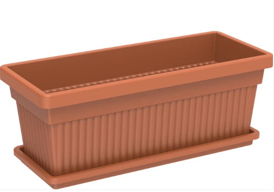 Rectangular brown plastic planter pot with tray for indoor or outdoor gardening