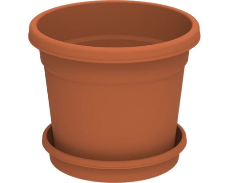Round terracotta flower pot with matching tray, ideal for indoor or outdoor plants