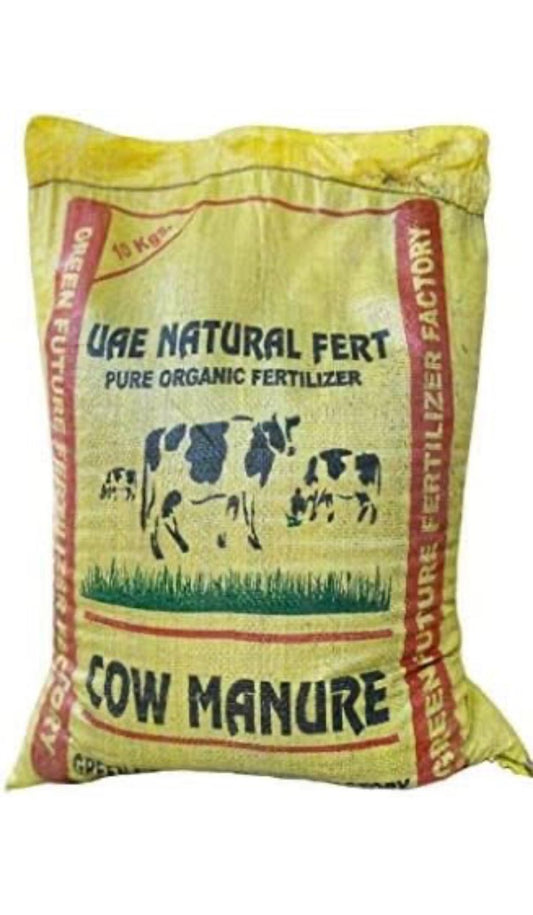Bag of UAE natural fertilizer cow manure, pure organic fertilizer with cow illustration
