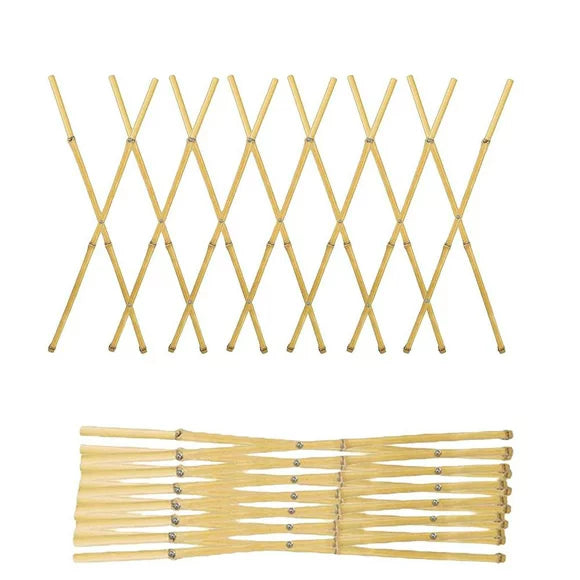 Expandable bamboo trellis for plant support, shown extended and folded, garden accessory