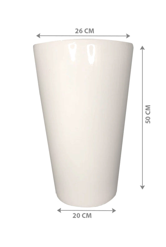 Tall white planter pot, 50 cm height, 26 cm top width, 20 cm base width