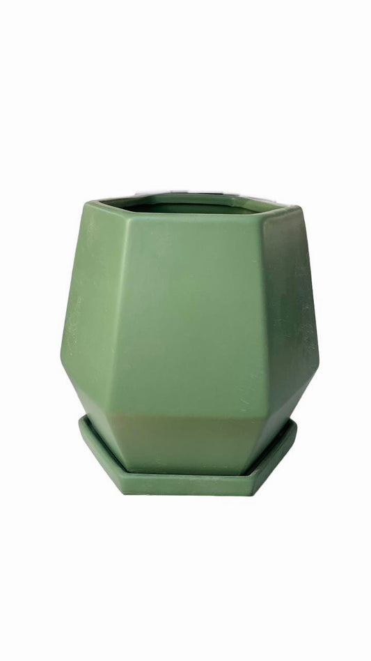 Geometric green plant pot with hexagonal shape and matching saucer on white background