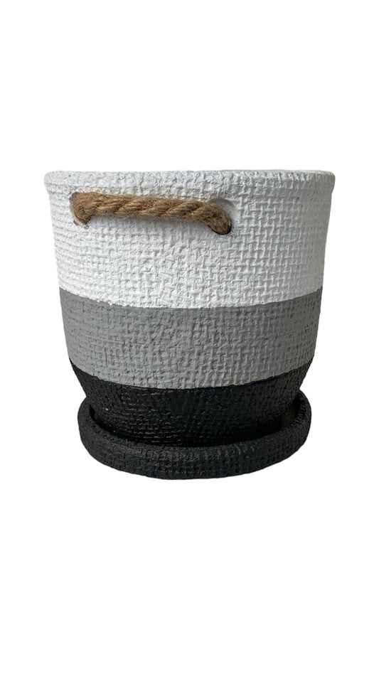 Textured planter with white, gray, and black stripes and rope handle, modern plant pot