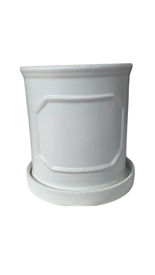 White ceramic plant pot with saucer, minimalist design, isolated on white background