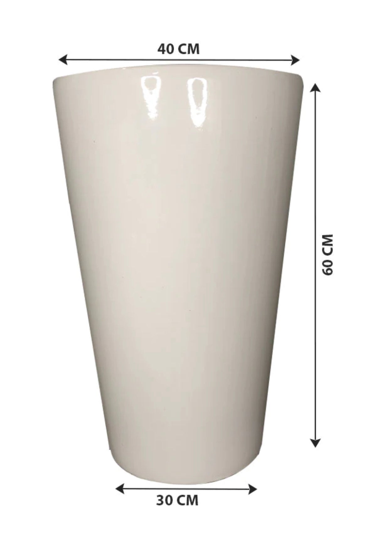 Tall white planter pot with glossy finish, 60cm height, 40cm top diameter, 30cm base
