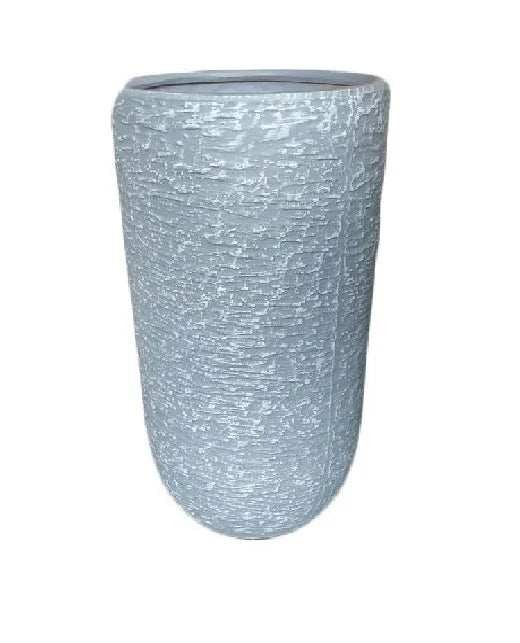 Tall textured grey planter with rough stone finish on a white background