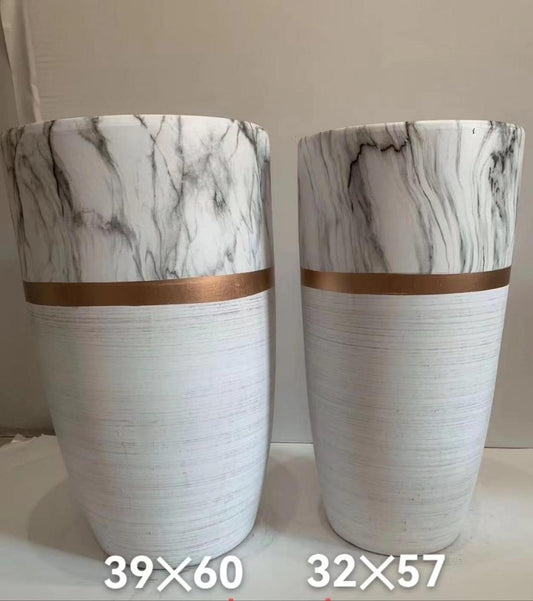 Two white marble-patterned tall plant pots with gold bands, sizes 39x60 and 32x57 cm