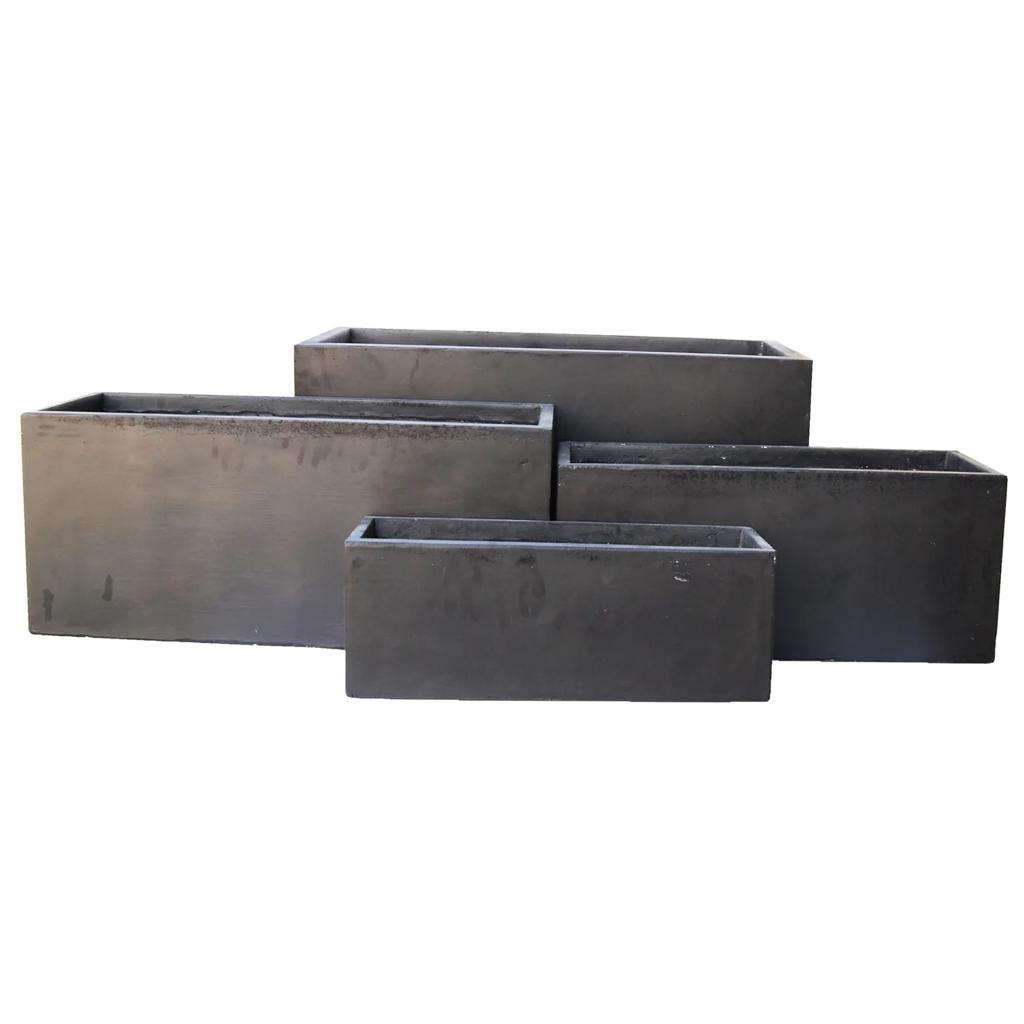 Set of four rectangular black fiber cement planters in varying sizes, modern garden decor