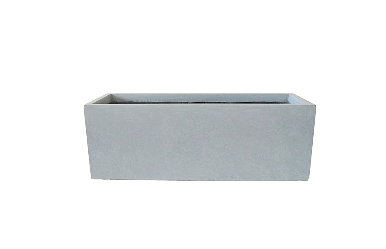 Rectangular grey fiber cement planter box, minimalist design, isolated on white background