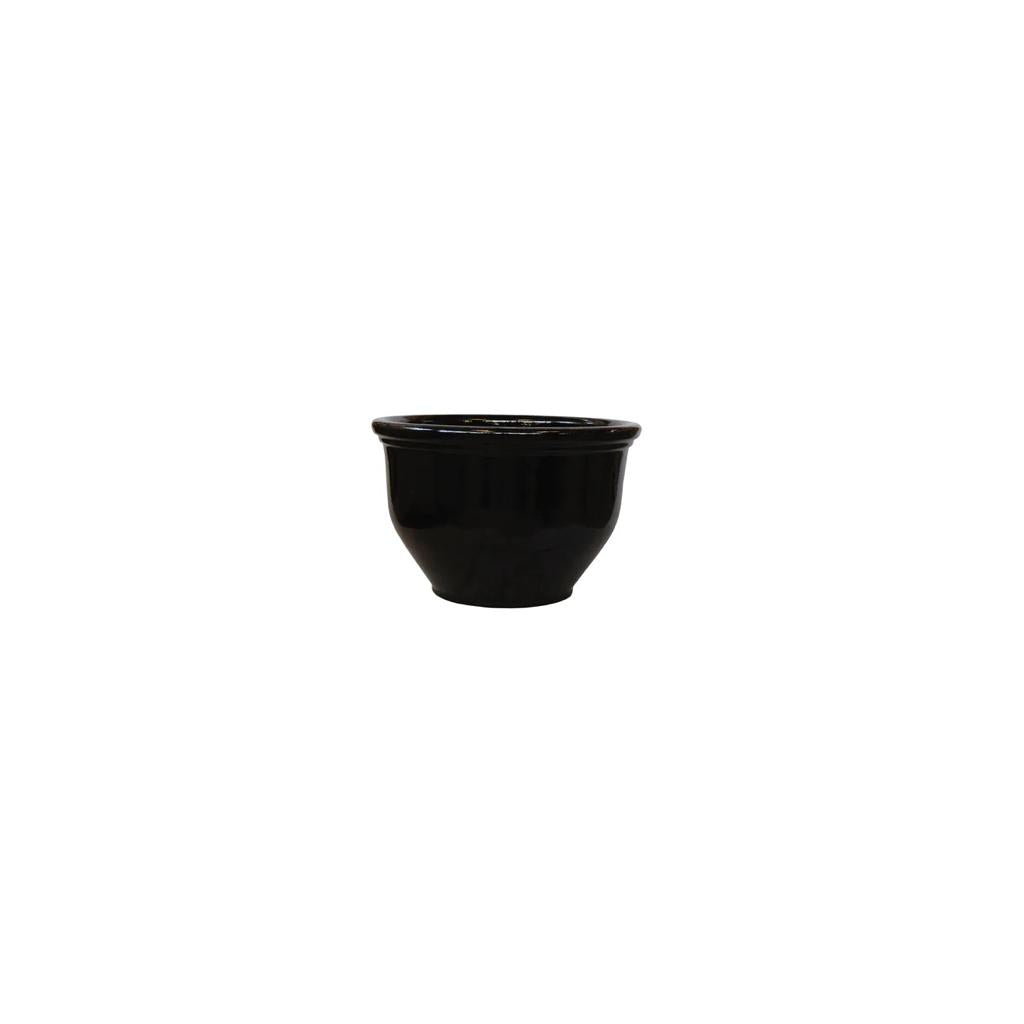 Glossy black ceramic round plant pot with wide rim on white background