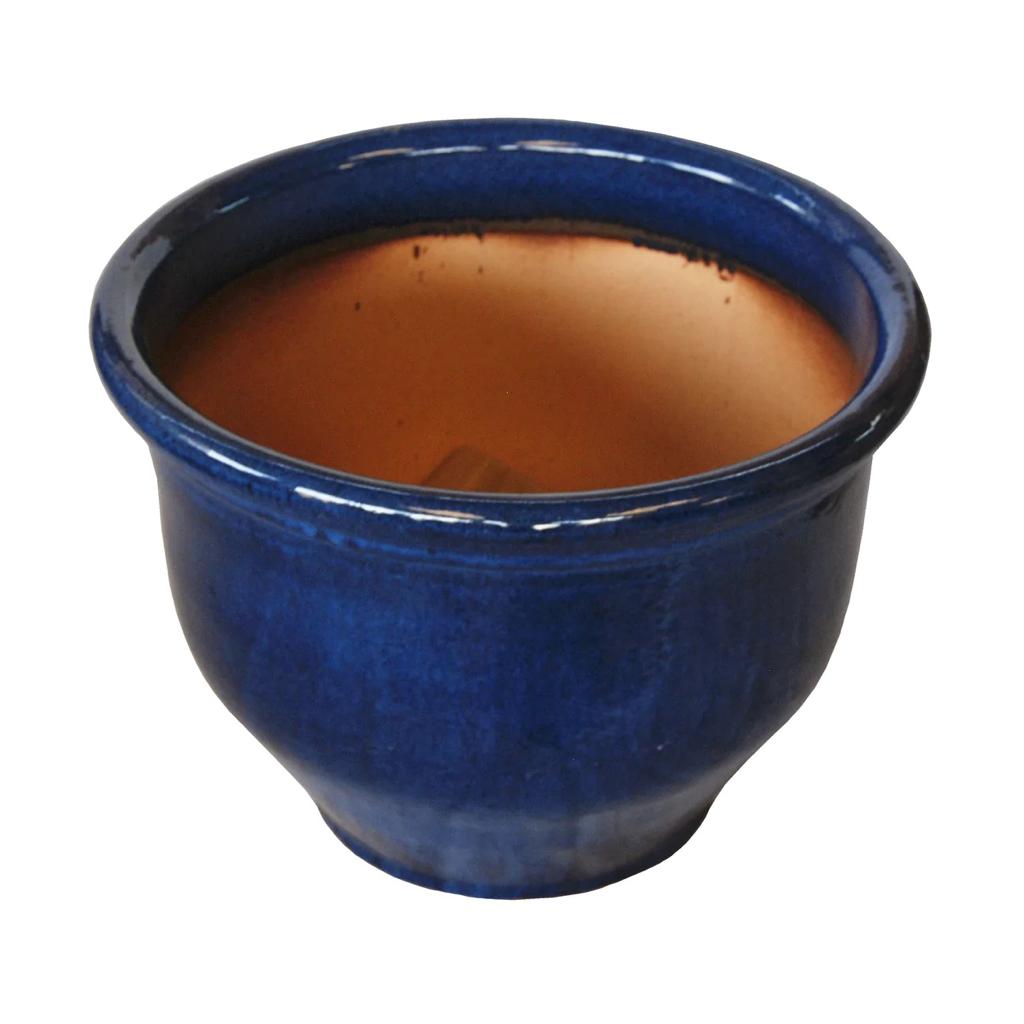 Round blue ceramic plant pot with glossy finish and wide rim